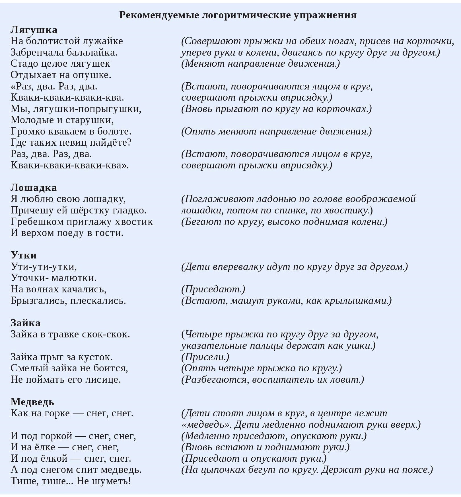 Рекомендуемые логоритмические упражнения Рекомендуемые логоритмические упражнения