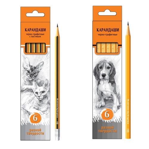 Карандаши чернографитные разной твердости BG «Графика» 6 шт., в ассортименте
